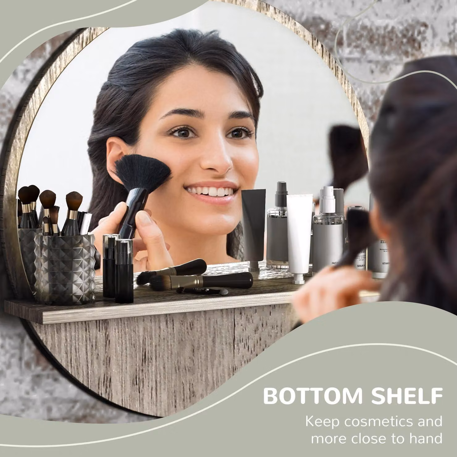 Kleankin Round Wall Makeup Mirror with Shelf in Grey Wood Effect – 4