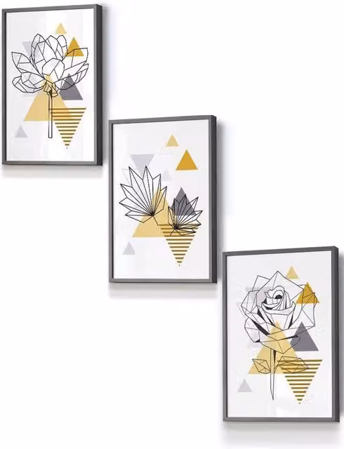 ARTZE Boho Geometric Flowers and Leaves Framed Wall Art in Yellow, Grey and Black, W: 33 cm, H: 45 cm, D: 0.3 cm
