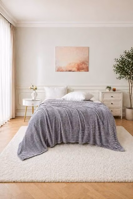 Dyzi Large Supersoft Ribbed Jacquard Fleece Throw Blanket in Grey, W/D/H: 200 x 240 cm