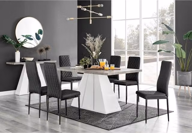 FurnitureboxUK Athens Grey Concrete Dining Table and 6 Milan Black Faux Leather Chairs Set