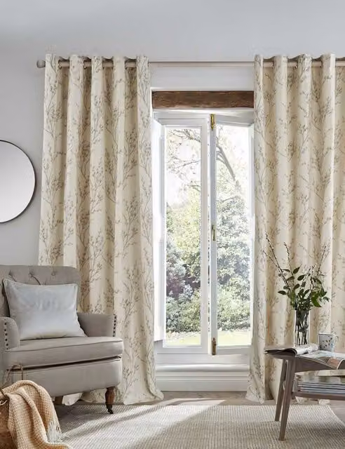 Laura Ashley Pussy Willow Floral Eyelet Curtains in Grey and Beige Cotton