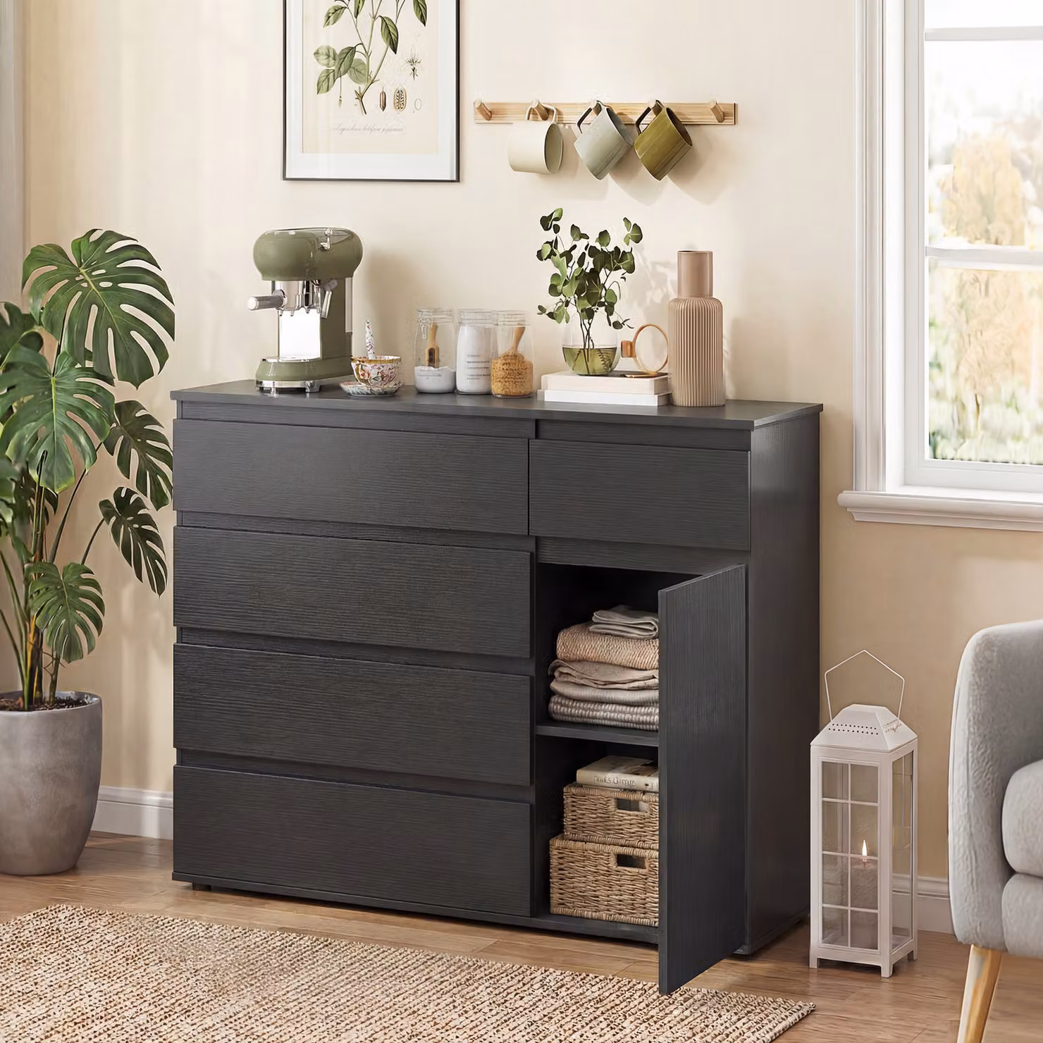 HOMCOM Modern Black Sideboard Storage Cabinet with 5 Drawers and Adjustable Shelf – 2
