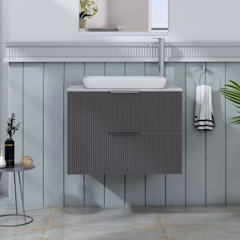 Royal Bathrooms Evora 700mm Graphite Grey Fluted Wall Hung Vanity Unit with 2 Drawers and Qubix Basin