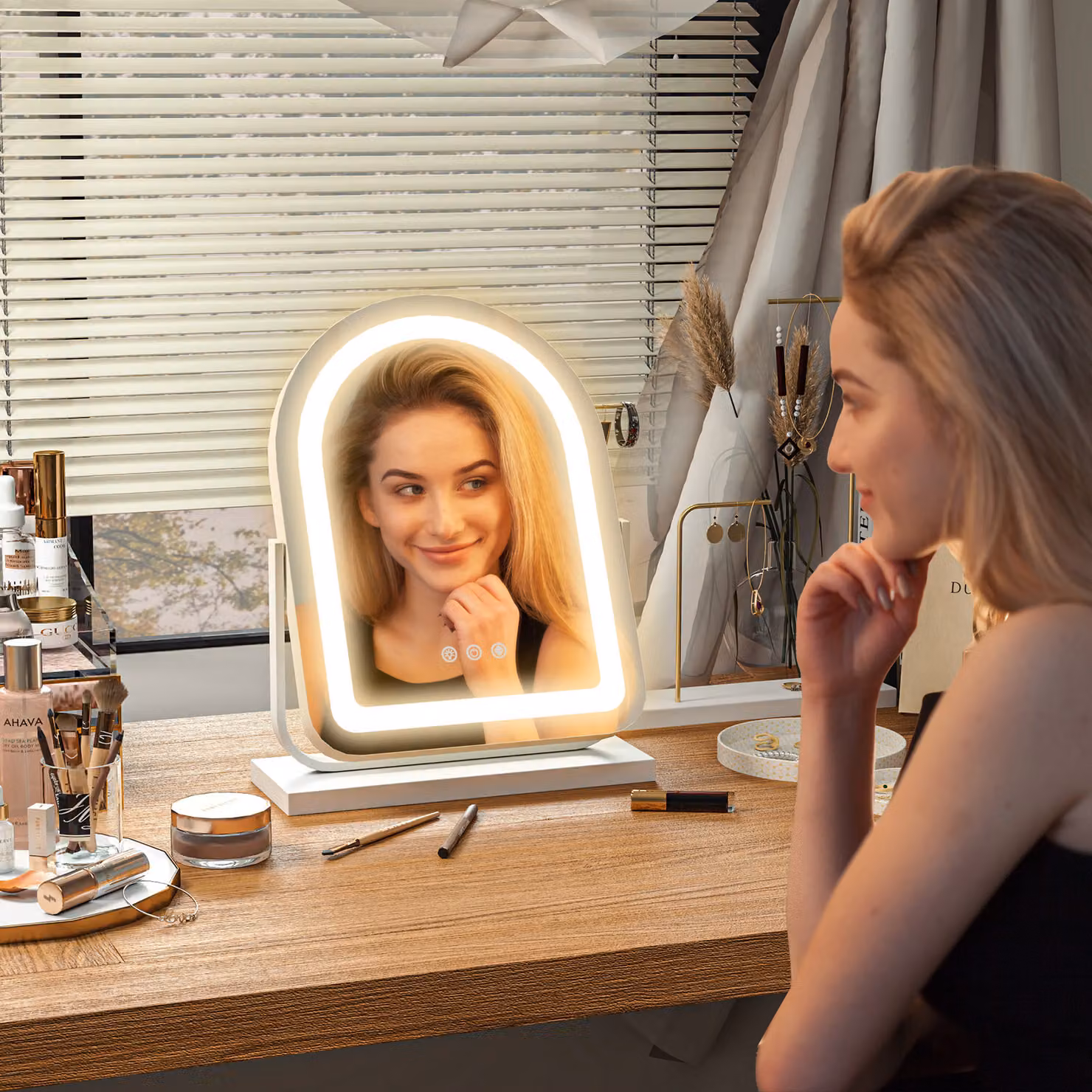 HOMCOM LED Vanity Mirror with 3 Colour Lighting, 360 Degree Rotation and Touch Screen, White, W: 33 cm, H: 44.5 cm – 3