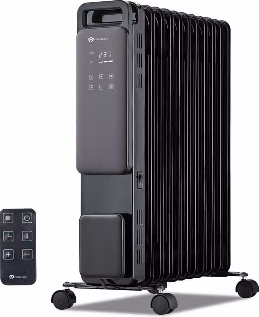 PureMate 2500W 11 Fin Oil Filled Radiator in Black, Portable Freestanding Electric Heater with Adjustable Thermostat, Timer, Overheat and Tilt Protection
