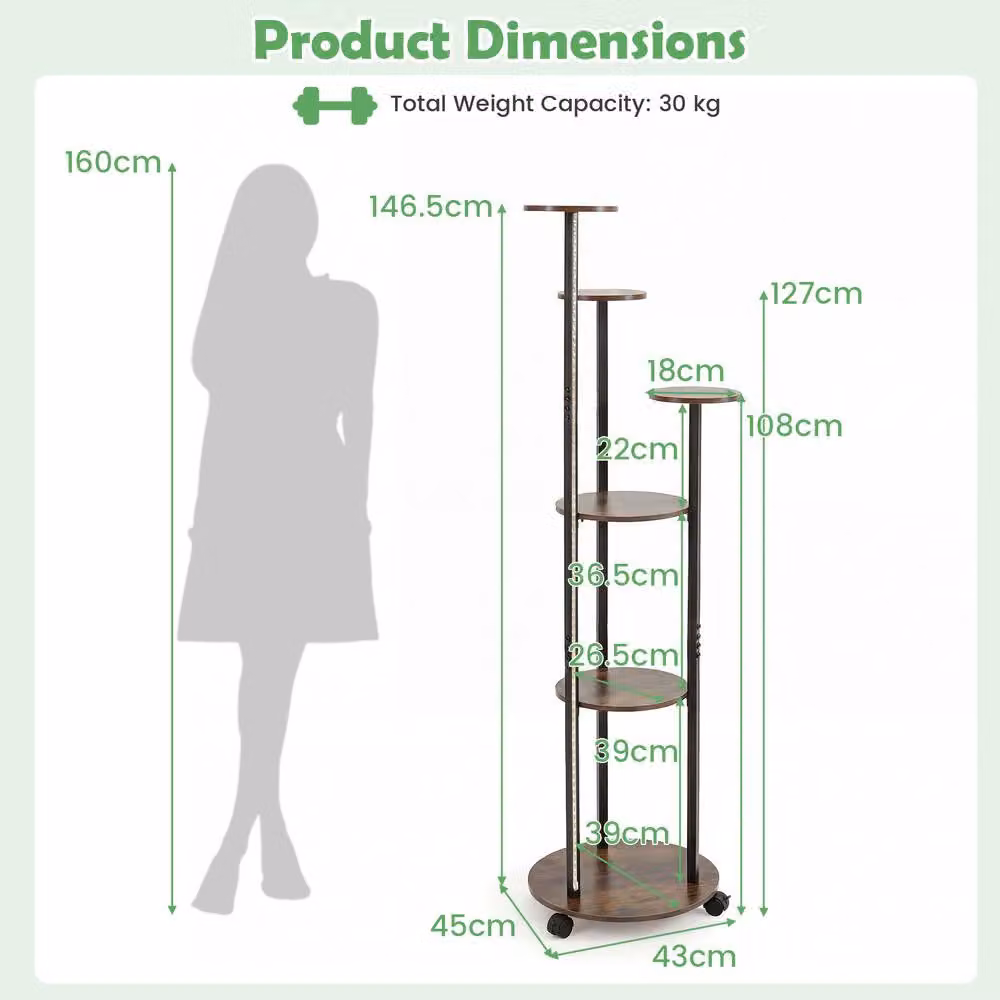 Gymax 6-Tier Round Metal Indoor Plant Stand with Wheels and 16-Colour LED Lights in Brown – 2