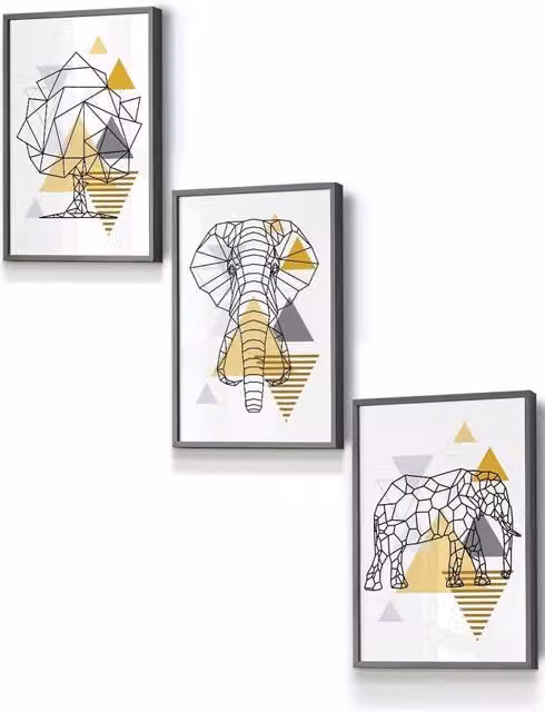ARTZE Geometric Line Art Yellow Elephant Tree Set Framed Wall Art in Dark Grey, W: 33 cm, H: 45 cm, D: 2 cm