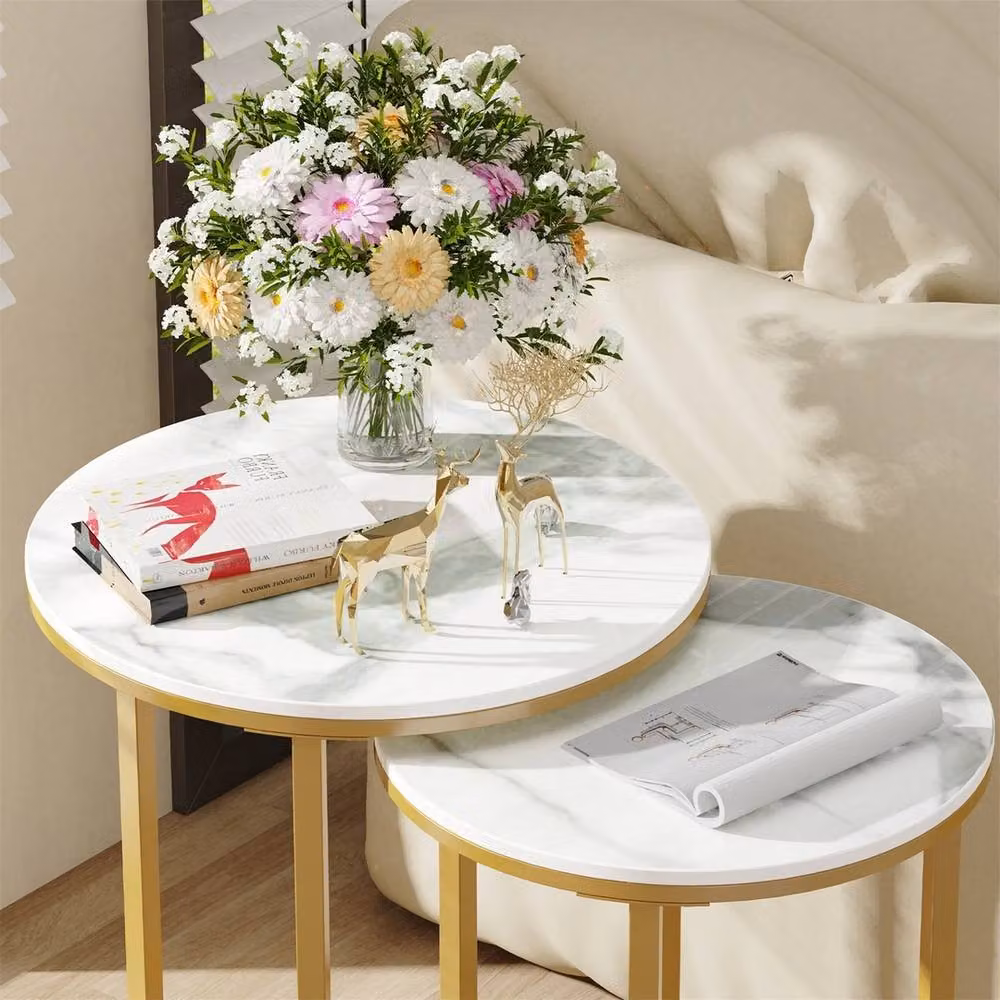 ERGOVEXA Nested Round Coffee Tables with Natural Stone Tops and Gold Metal Frame – 2