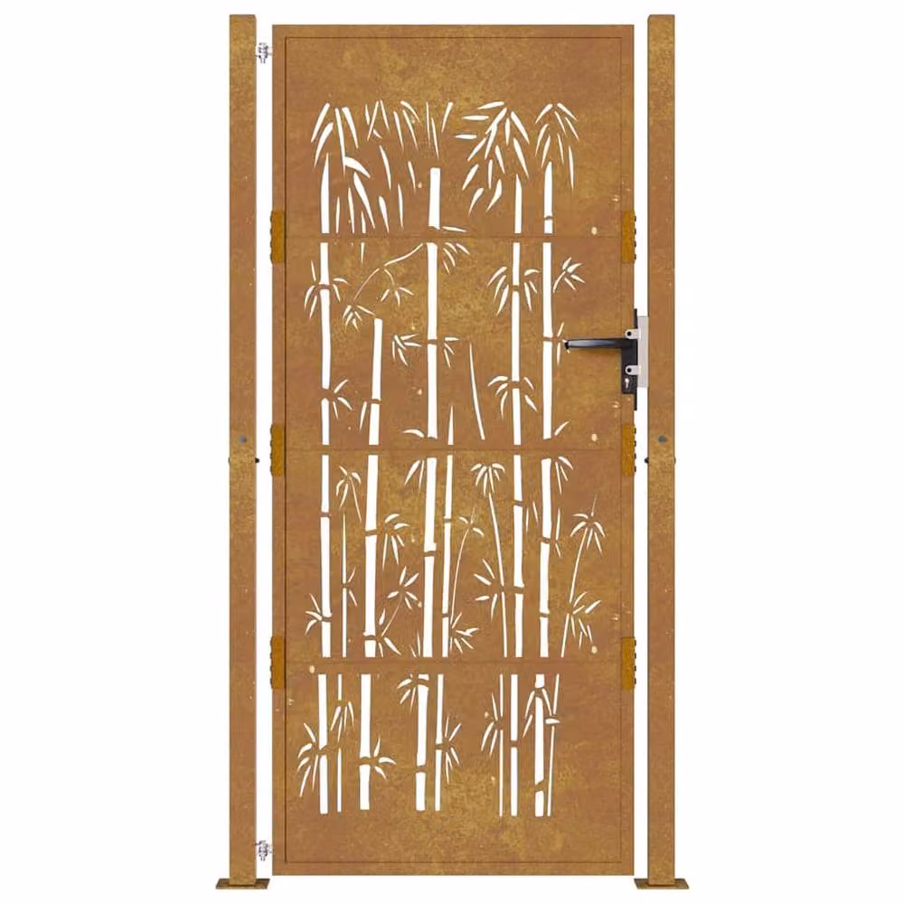 Berkfield Home Garden Gate in Brown Corten Steel with Bamboo Design, W: 105 cm, H: 130 cm – 3