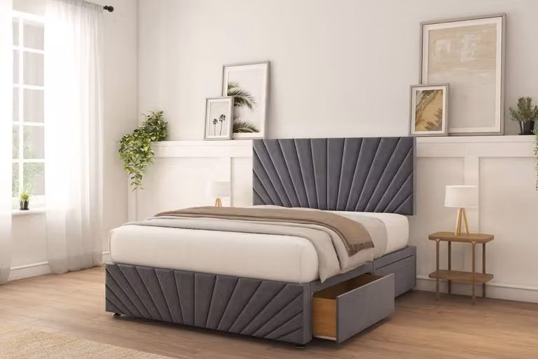 Sloomy Amberley Plush Divan Bed Base with 2 Drawers on Left Side, 26 inch Strutted Headboard and 12 inch Matching Footboard, Dark Grey, W/D/H: 80 x 190 cm