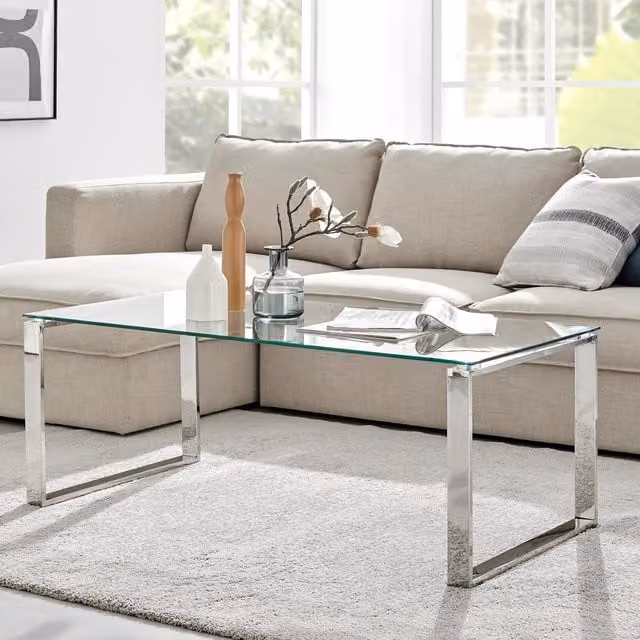 FurnitureboxUK Miami Modern Rectangular Clear Glass Coffee Table with Silver Metal Legs, W/D/H: 120 x 60 x 40 cm
