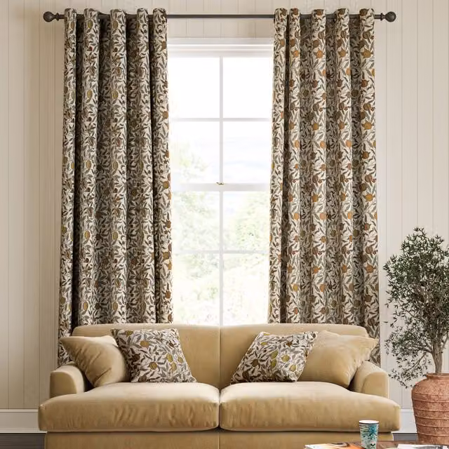 William Morris Fruit Made To Measure Blackout Eyelet Curtains in Beige, Brown and Multicolour Floral Cotton Fabric