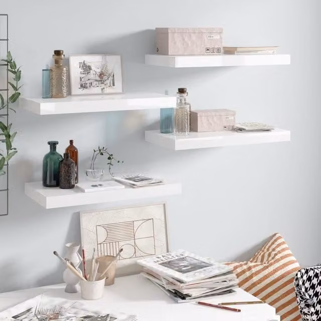 Berkfield Home Set of 4 Floating Wall Shelves in High Gloss White MDF, W: 50 cm, D: 23 cm, H: 4 cm