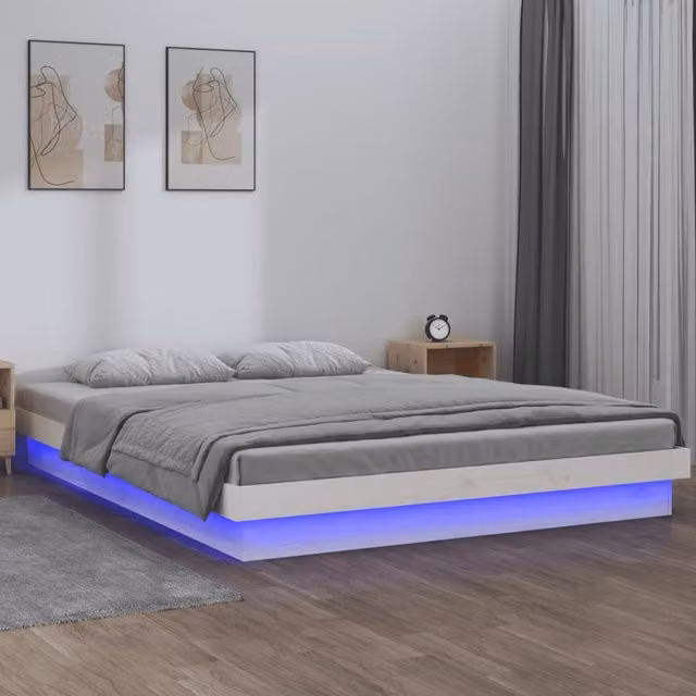 Berkfield Home White Solid Pine LED Bed Frame with Under-Bed Lighting and USB Charging Port, W/D/H: 160 x 200 cm