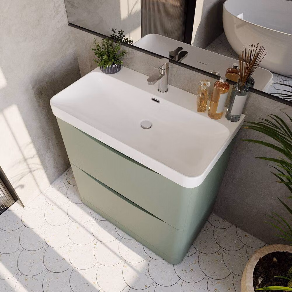 Balterley Modern Floor Standing 2 Drawer Bathroom Vanity with Ceramic Basin, Green, Width: 80 cm – 3