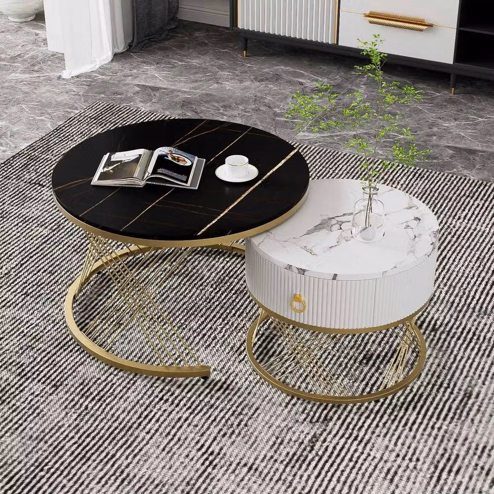 STILVORA Nesting Coffee Table Set with Drawer and Black Marble-Effect Top with Gold Metal X-Frame – 2