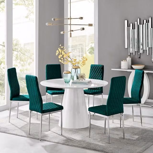 FurnitureboxUK Palma White High Gloss Round Dining Table and 6 Green Velvet Milan Chairs