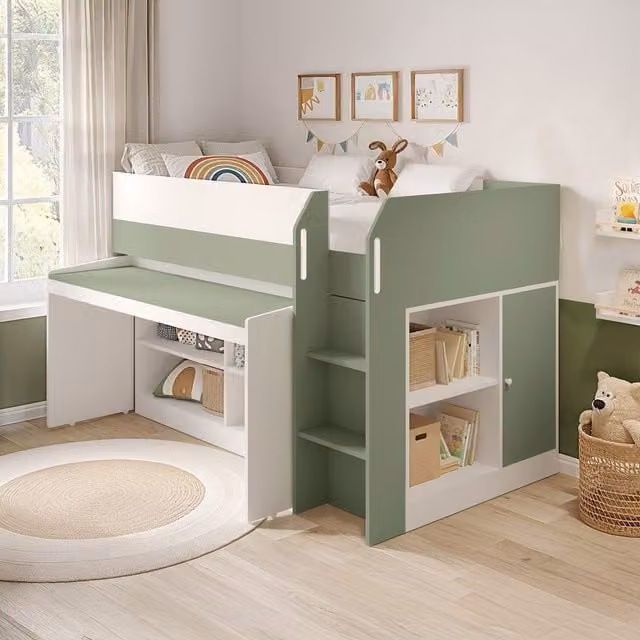 Flair Aiden Cabin Bed Midsleeper in Green with House Frame and Bedside Shelf