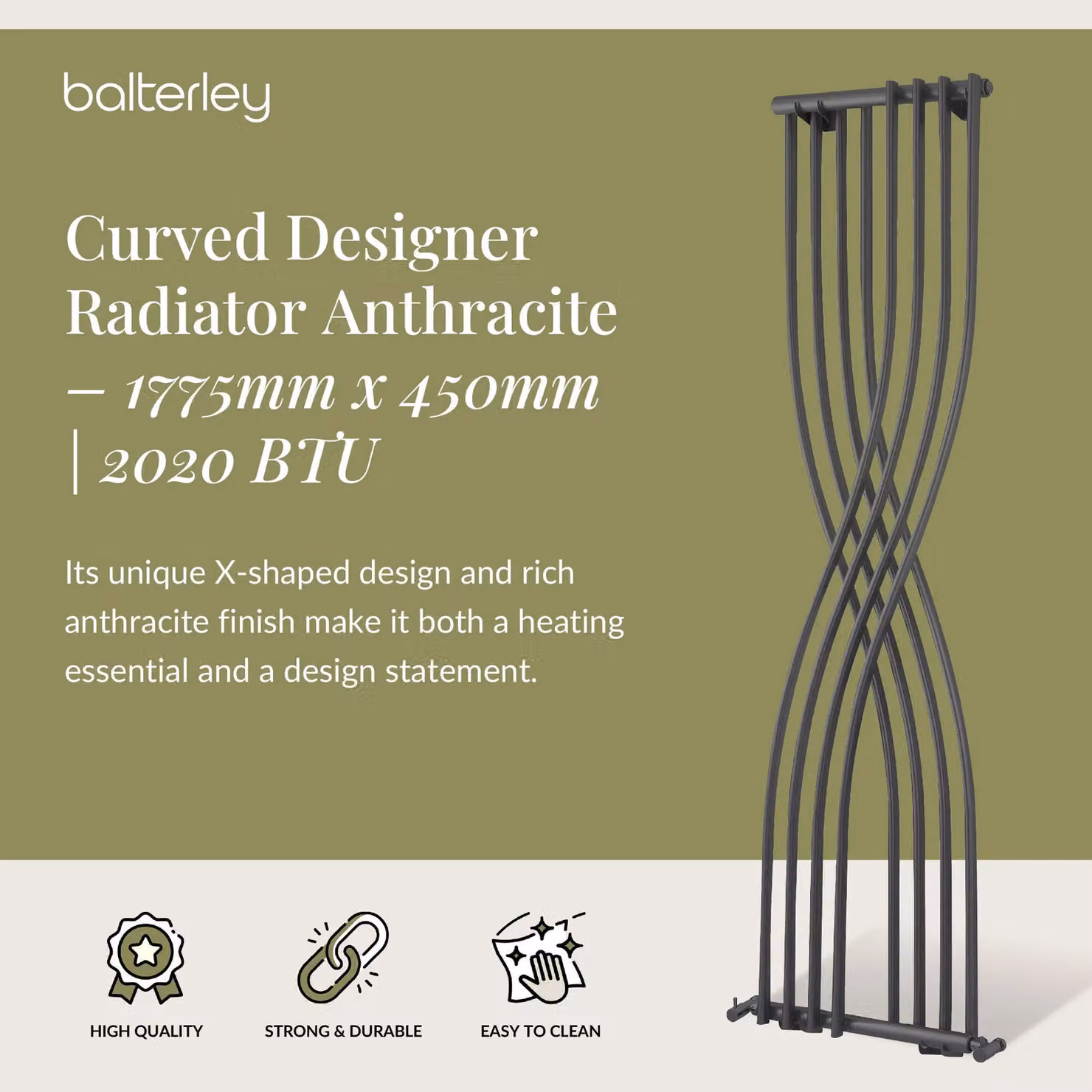 Balterley Curved Designer Radiator 2020 BTU Anthracite Grey H: 177.5 cm, W: 45.0 cm – 2