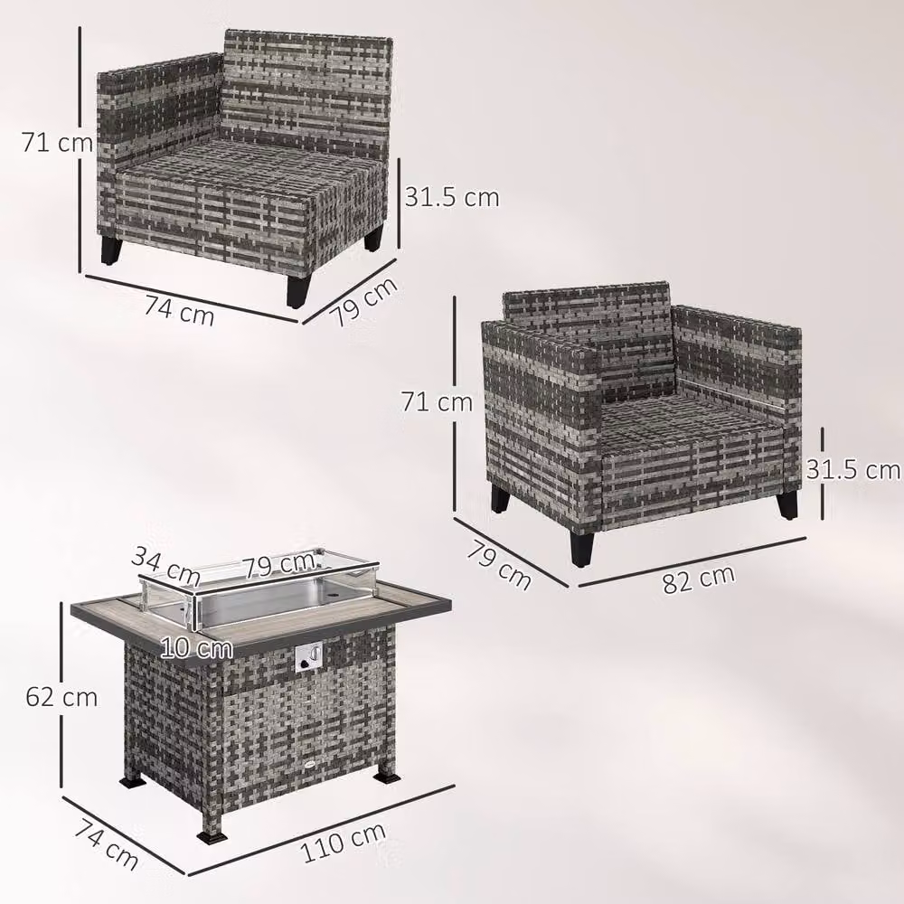 ERGOVEXA 5-Piece Grey Polyrattan L-Shape Patio Furniture Set with Gas Fire Pit Table and Upholstered Cushions – 2