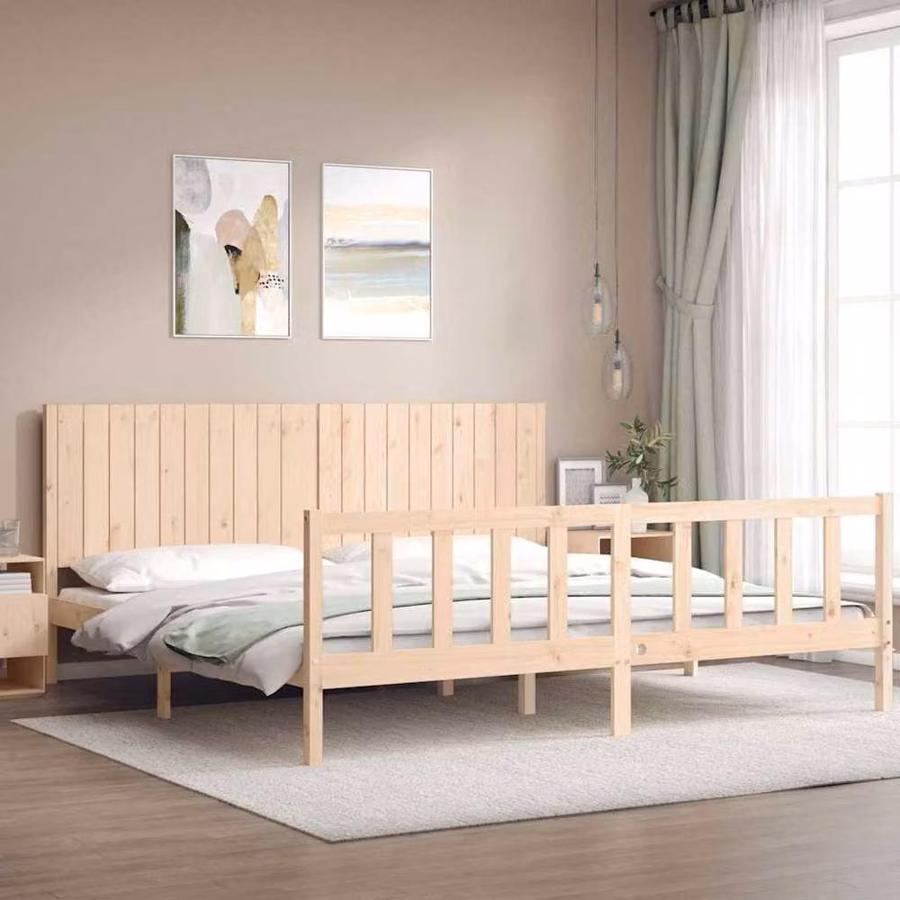 Berkfield Home Solid Wood Bed Frame with Headboard in Beige, W/D/H: 200 x 200 cm – 2