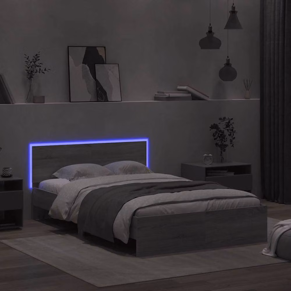 Berkfield Home Small Double Bed Frame with Headboard, LED Under-Bed Lighting and USB Charging Port, Grey Sonoma, W/D/H: 120 x 190 cm – 3