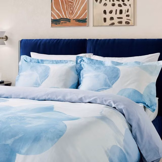 Ted Baker Photo Magnolia Cotton Mako Satin Duvet Cover and Pillowcase Set, Blue and White, W: 140 cm, L: 200 cm