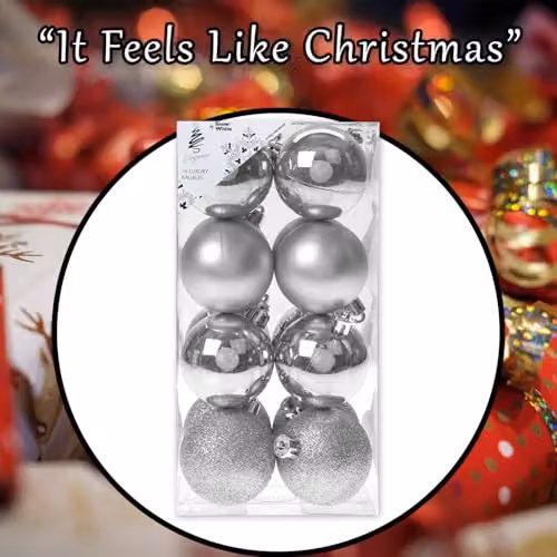 VFM e-Store Silver Christmas Bauble Hanging Tree Ornaments, Pack of 16, Diameter: 5 cm – 7