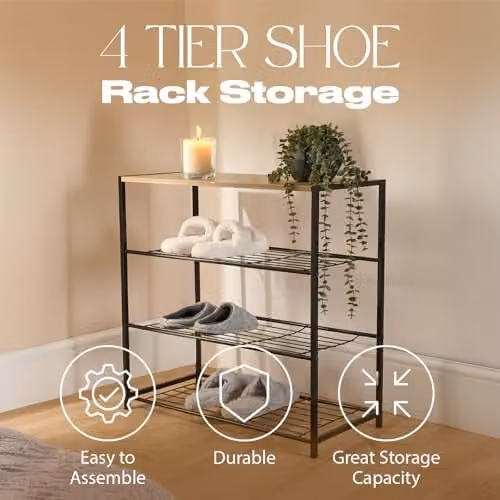 OHS 4 Tier Freestanding Shoe Rack with Black Metal Frame and MDF Shelves – 2