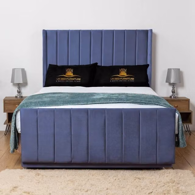 UK Bed Furniture Seoul Blue Velvet Wingback Divan Bed Base with 54 Inch Headboard, King Size, W/D/H: 180 x 200 cm
