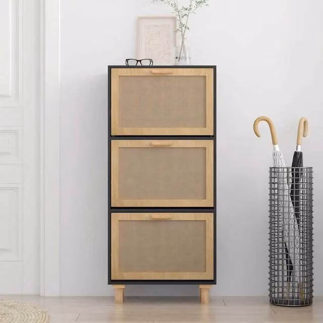 Berkfield Home Black Shoe Cabinet with Natural Rattan and Tilting Compartments, W/D/H: 52 x 25 x 115 cm