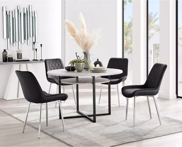 Furniturebox Adley Grey Concrete Effect Round Dining Table and 4 Pesaro Silver Chairs in Black