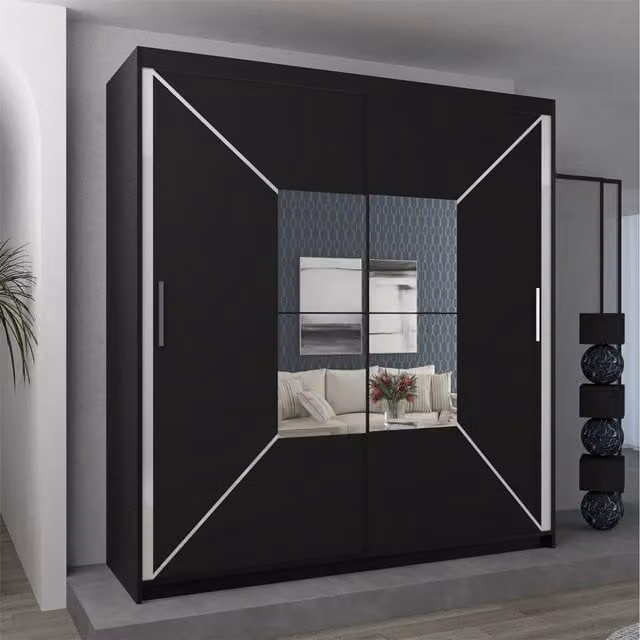Sliding Wardrobes 4u Modern Black Matt Sliding Door Wardrobe with Mirror, Internal Shelves and Hanging Rod, W: 180 cm