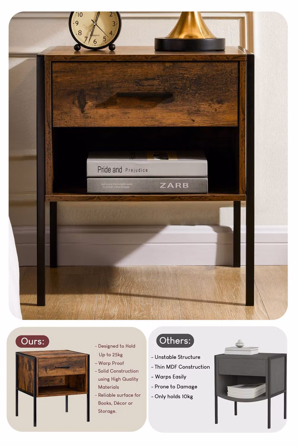 HD Designs Brooklyn 1 Drawer Bedside Cabinet Storage Unit in Dark Brown – 7