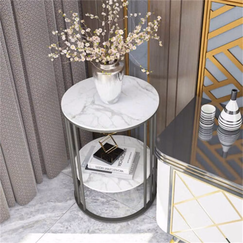 VOGREX Round Marble Side Table with Black Legs in White and Black – 3