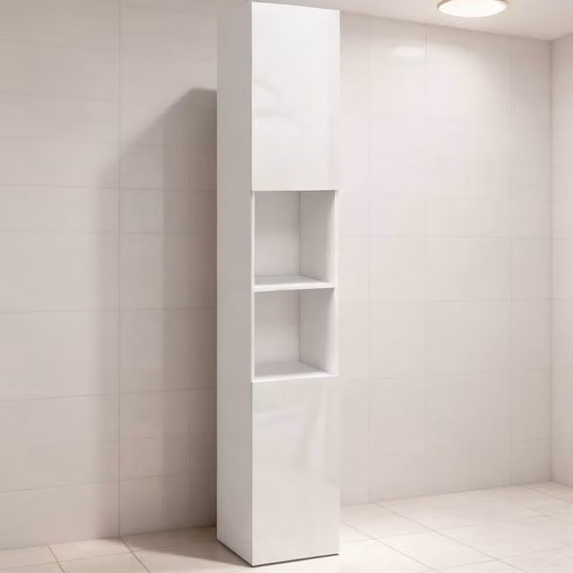 ERGOVEXA Multi-Storage Slim White Glossy Bathroom Cabinet with Hinged Doors and Internal Shelves, H: 181.5 cm, W: 30 cm, D: 30 cm