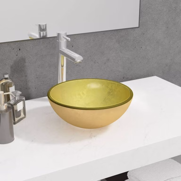 Berkfield Home Modern Round Tempered Glass Countertop Basin, Gold, W: 30 cm, D: 30 cm, H: 12 cm