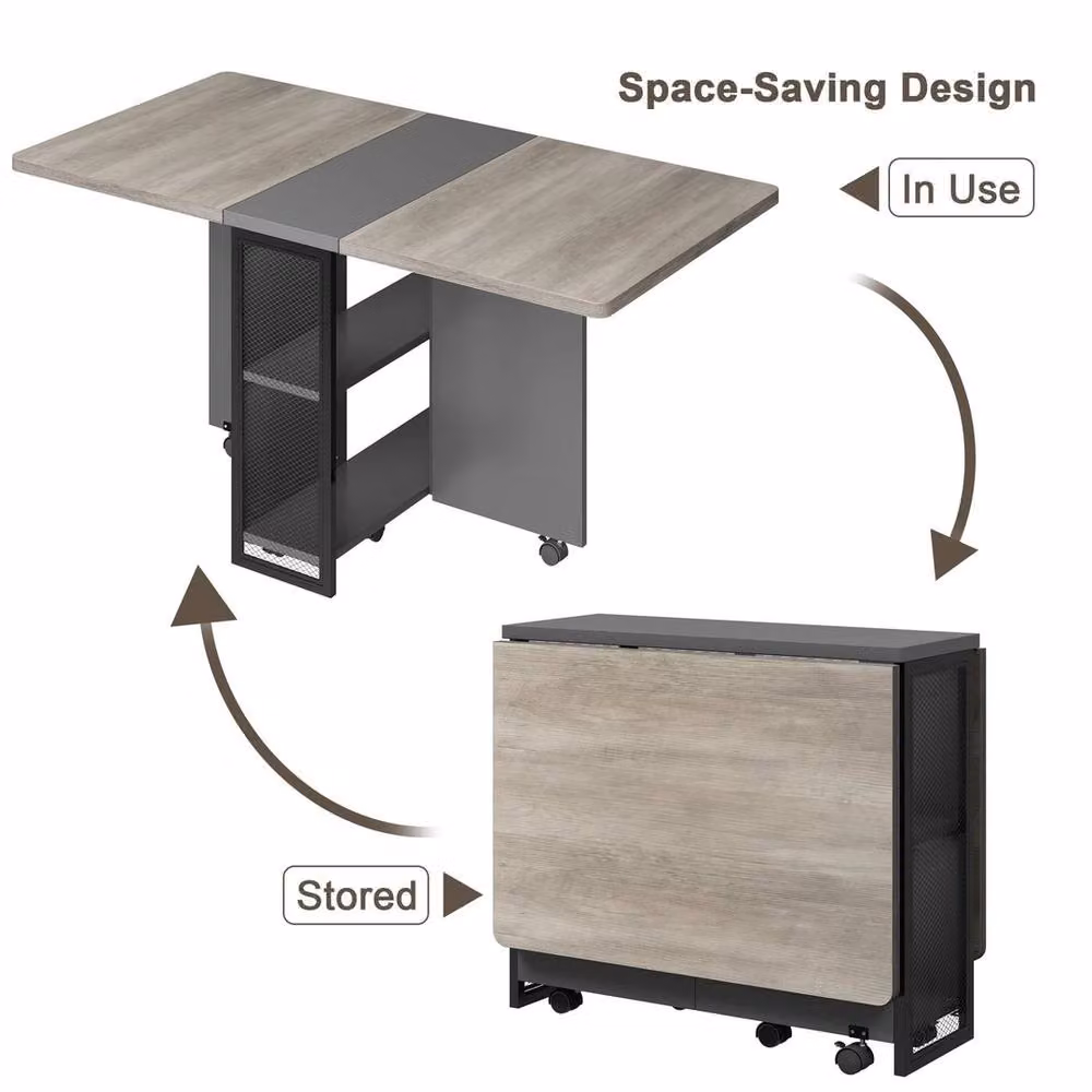 Havendro Slate Oak Drop Leaf Dining Table with 2 Tier Shelves in Grey, Width: 127 cm – 4