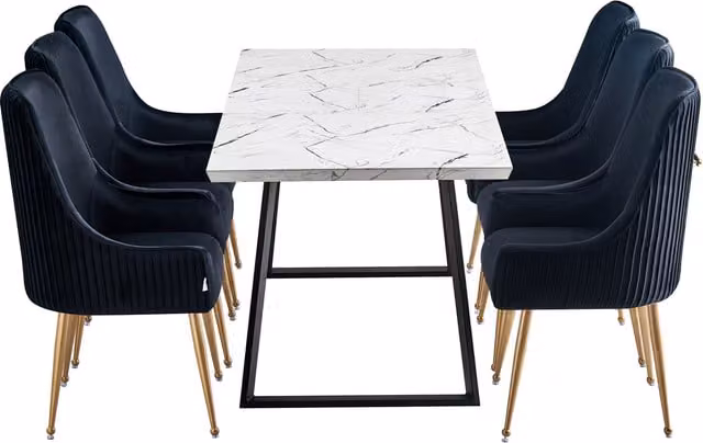 Life Interiors Soho Toga LUX Dining Set with Square Marble Table and 6 Black Velvet Upholstered Chairs with Gold Accents