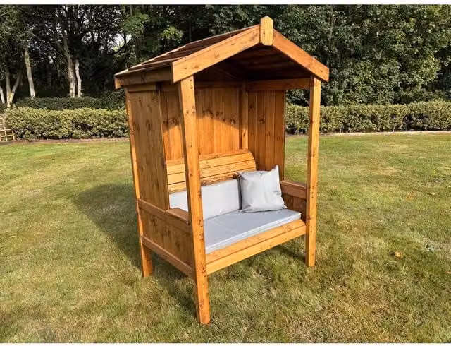 Charles Taylor Imperial Two Seater Garden Arbour in Brown with Grey Scatter Cushions, W/D/H: 129 x 80 x 183 cm – 1