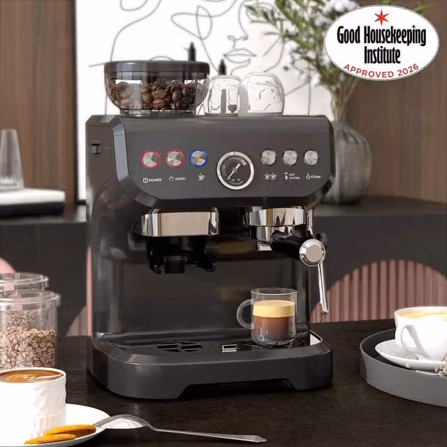 HOMCOM Espresso Machine with Bean Grinder and Steam Wand, 15 Bar Pressure, Silver and Black – 1