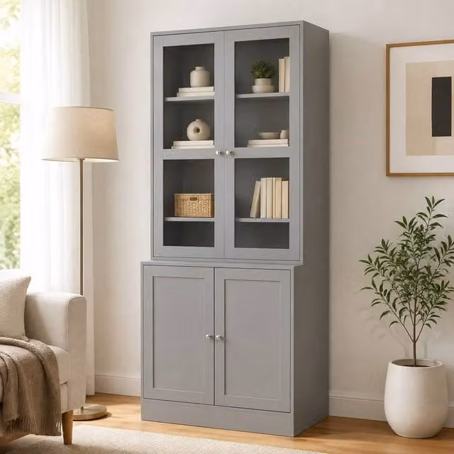 STILVORA Grey Modern Display Cabinet with Glass Doors and Internal Shelves