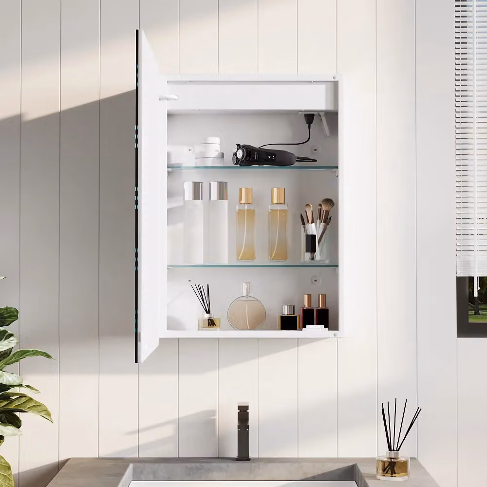 Livingandhome Silver Vertical Strip LED Anti-Fog Bathroom Mirror Cabinet with Sensor Switch and Clock – 2