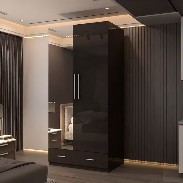 Sliding Wardrobes 4U High Gloss 2-Door Wardrobe with Mirror and Drawers in Black and Silver, W: 90 cm, H: 200 cm, D: 50 cm