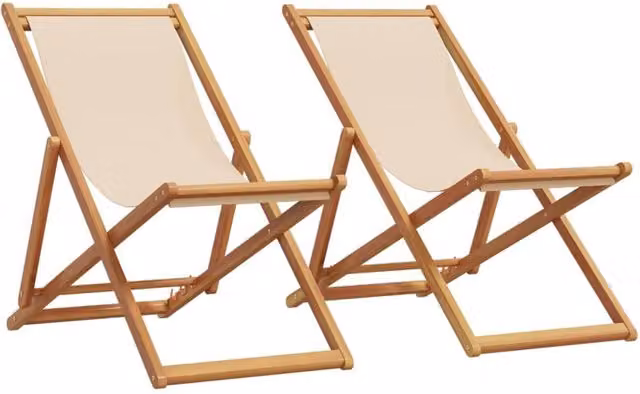 Berkfield Home Set of 2 Folding Beach Chairs in Beige Fabric and Treated Hardwood – 1
