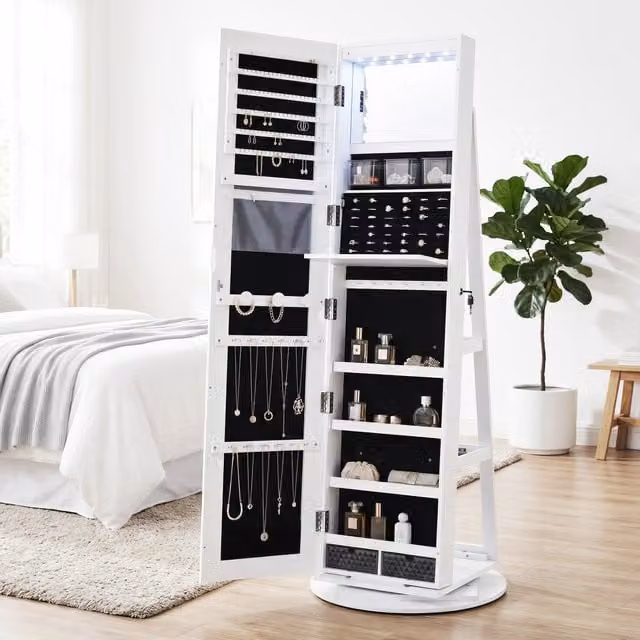 SONGMICS LED 360 Swivel Mirror Jewellery Cabinet, White, W: 55 cm, D: 55 cm, H: 162 cm