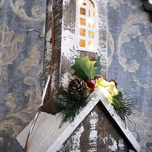 SHATCHI Rustic Wooden Christmas House Tabletop Centrepiece with Berries, Pines and 10 Warm White Bulbs, Height: 52 cm – 3