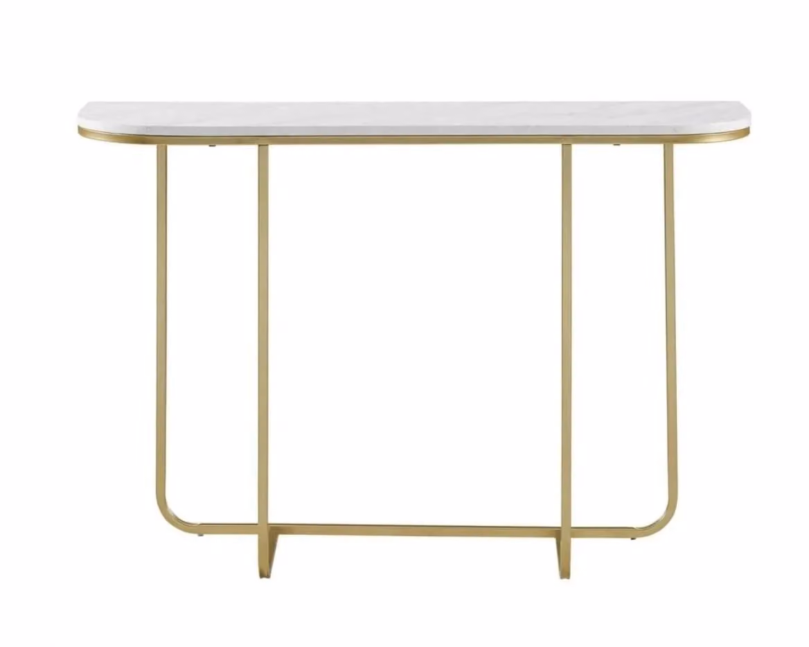 Modern Curved Art Deco Entry Table in White Faux Marble and Gold, W/D/H: 111.76 x 30.48 x 76.2 cm