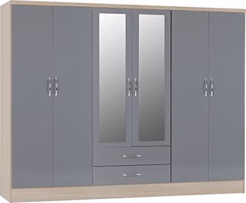 Seconique Nevada 6 Door 2 Drawer Mirrored Wardrobe in Grey Gloss and Oak, W/D/H: 182.5 x 52 x 230 cm – 1