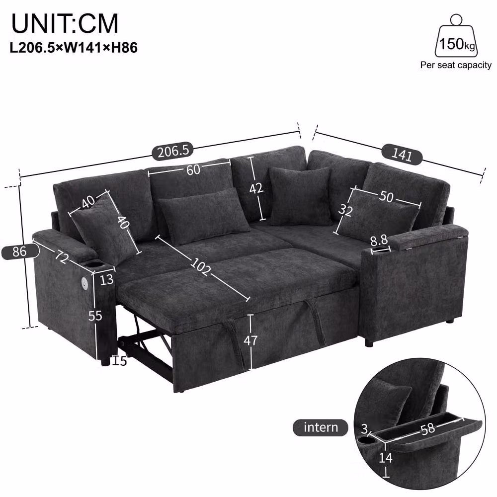 BTM L-Shaped Pull Out Sofa Bed with USB Charging, Cup Holders and Storage in Grey – 5